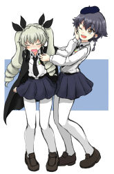 Rule 34 | 10s, 2girls, absurdres, anchovy (girls und panzer), belt, beret, black cape, black footwear, black hair, black hat, black necktie, black ribbon, black skirt, blue background, blush, braid, brown eyes, cape, dress shirt, drill hair, embarrassed, emblem, full body, girls und panzer, green hair, hair ribbon, hand on another&#039;s face, hat, highres, imminent hug, light frown, loafers, long hair, long sleeves, looking at another, miniskirt, multiple girls, necktie, open mouth, pantyhose, pepperoni (girls und panzer), pleated skirt, pushing away, ribbon, school uniform, shirt, shoes, short hair, side braid, skirt, smile, standing, twin drills, twintails, wabiushi, white background, white legwear, white shirt