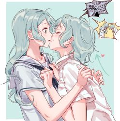 Rule 34 | 2girls, absurdres, aqua background, aqua hair, arrow (symbol), bang dream!, blouse, blue neckerchief, border, closed eyes, closed mouth, collared shirt, commentary, commentary request, green eyes, hands on another&#039;s chest, heart, highres, hikawa hina, hikawa sayo, incest, inset, kiss, korean commentary, long hair, looking at another, multiple girls, neckerchief, parted lips, sailor collar, school uniform, serafuku, shirt, short hair, short sleeves, siblings, simple background, sisters, smile, surprise kiss, surprised, symbol-only commentary, twincest, twins, upper body, white border, white shirt, x-ray, yuri, zihacheol