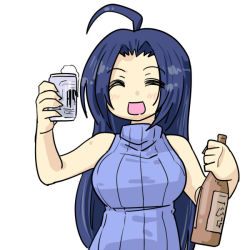 Rule 34 | 1girl, = =, ^ ^, ahoge, alcohol, asahi beer, asahi breweries, bare arms, bare shoulders, beer, beer can, blue hair, bottle, breasts, can, closed eyes, drink can, drunk, huge ahoge, idolmaster, idolmaster (classic), large breasts, long hair, miura azusa, ribbed sweater, sake bottle, seki (red shine), simple background, sleeveless, sleeveless turtleneck, solo, sweater, turtleneck, upper body, white background