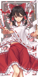 Rule 34 | 1girl, between fingers, black hair, bow, collarbone, detached sleeves, gohei, hair bow, hair tubes, hakurei reimu, highres, holding, looking at viewer, nontraditional miko, ofuda, ofuda between fingers, open mouth, red bow, red eyes, red skirt, ribbon-trimmed skirt, ribbon-trimmed sleeves, ribbon trim, shide, short hair, skirt, solo, touhou, wide sleeves, yu sa1126