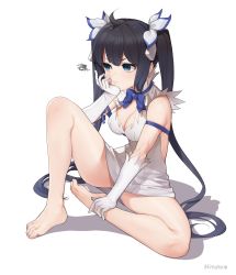 Rule 34 | 10s, 1girl, annoyed, bare legs, bare shoulders, barefoot, black hair, blue eyes, breasts, head rest, cleavage, cleavage cutout, clothing cutout, commentary, dress, dungeon ni deai wo motomeru no wa machigatteiru darou ka, feet, full body, gloves, hair ornament, hestia (danmachi), highres, hitoto, leg up, long hair, panties, pantyshot, pout, rei no himo, short dress, simple background, sitting, solo, spread legs, thighs, twintails, underwear, very long hair, white background, white dress, white gloves, white panties