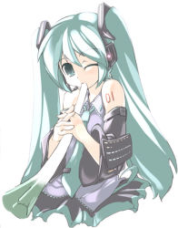 Rule 34 | green eyes, green hair, hatsune miku, microphone, solo, spring onion, thighhighs, tokyo (great akuta), twintails, vocaloid