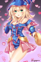 Rule 34 | 1girl, :d, arm guards, artist name, bare shoulders, blonde hair, blue dress, blush stickers, breasts, choker, cleavage, dark magician girl, dress, duel monster, gem, gradient background, green eyes, hat, heart, highres, holding, jewelry, kono (uiyoyo199), long hair, looking at viewer, open mouth, pink background, pink skirt, pleated skirt, red gemstone, sidelocks, simple background, skirt, smile, solo, standing, thighs, wand, yu-gi-oh!, yu-gi-oh! duel monsters
