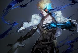 Rule 34 | 1boy, aura, belt, blue eyes, claws, closed mouth, collarbone, dragon install, glowing, glowing eyes, guilty gear, guilty gear strive, heterochromia, highres, holding, holding weapon, jacket, jacket on shoulders, kin mokusei, ky kiske, looking at viewer, male focus, multicolored hair, pectorals, scabbard, serious, sheath, short hair, simple background, solo, sword, weapon, white jacket
