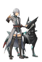 Rule 34 | 1other, androgynous, belt, black footwear, black legwear, black shirt, boots, closed mouth, coat, collared shirt, eiyuu densetsu, enami katsumi, expressionless, falcom, full body, grey coat, headphones, highres, kuro no kiseki, long sleeves, looking at viewer, necktie, official art, open clothes, open coat, outstretched hand, purple eyes, quatre salision, red belt, robot, robot animal, robot dog, shirt, short hair, short shorts, shorts, sidelocks, silver hair, silver neckwear, simple background, sleeves past wrists, standing, thigh boots, thighhighs, third-party source, white background, white shorts, xeros (eiyuu densetsu)