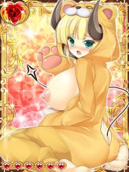 Rule 34 | animal costume, ass, back cutout, blonde hair, blush, breasts, clothing cutout, covered erect nipples, green eyes, horns, huge breasts, inma kourin devil carnival, looking at viewer, sitting, tail