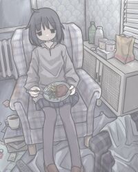 Rule 34 | absurdres, ahoge, black eyes, black hair, chair, collared shirt, controller, dot mouth, food, food on face, fork, gudon udon, half-closed eyes, highres, holding, holding fork, holding plate, loafers, lounge chair, mcdonald&#039;s, messy room, mole, mole under eye, on chair, pantyhose, pastel colors, peas, plate, radiator, remote control, shirt, shoes, sitting, skirt, steak