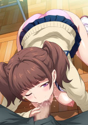 Rule 34 | 1girl, all fours, ass, blue skirt, blush, breasts, brown hair, censored, fellatio, floor, from above, hanging breasts, highres, indoors, jk fuuzoku gakuensai, joy ride, large breasts, legs, looking at viewer, mosaic censoring, nipples, no bra, one eye closed, open clothes, oral, panties, penis, pov, purple eyes, saliva, school uniform, skirt, thighs, twintails, underwear