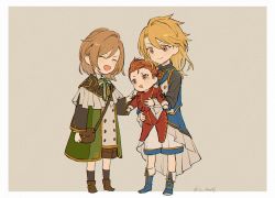 Rule 34 | :d, :o, aged down, aglovale (granblue fantasy), baby, bag, black shirt, blonde hair, blouse, boots, bow, brothers, brown hair, cheek poking, child, frills, granblue fantasy, grey background, holding baby, lamorak (granblue fantasy), male focus, medium hair, multiple boys, open mouth, percival (granblue fantasy), poking, red hair, shirt, short hair, shorts, siblings, smile, standing, tomo (tomorag7), wing collar