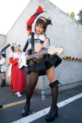 Rule 34 | 4girls, asian, belt, breasts, cosplay, elbow gloves, fishnet legwear, fishnets, gloves, guitar, hairband, highres, instrument, kipi-san, looking at viewer, midriff, multiple girls, outdoors, photo (medium), single thighhigh, small breasts, solo focus, suzumiya haruhi, suzumiya haruhi (cosplay), suzumiya haruhi no yuuutsu, thighhighs