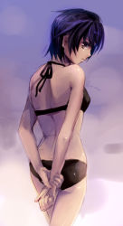 Rule 34 | 1girl, arms behind back, ass, back, bad id, bad pixiv id, bikini, black bikini, blue hair, brown eyes, dobashi rika, female focus, flat chest, from behind, gradient background, hatsukoi limited, holding own wrist, looking back, profile, shimaji, short hair, sketch, solo, swimsuit