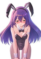 Rule 34 | 1girl, animal ears, armlet, bare shoulders, black leotard, black ribbon, blush, breasts, closed mouth, collarbone, detached collar, fake animal ears, flying sweatdrops, green eyes, hairband, highres, idolmaster, idolmaster million live!, idolmaster million live! theater days, kuro kinkan, leaning forward, leotard, long hair, looking away, mochizuki anna, pantyhose, playboy bunny, purple hair, rabbit ears, ribbon, shy, simple background, small breasts, solo, white background, wrist cuffs
