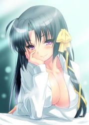 Rule 34 | 1girl, black hair, blush, breast lift, breasts, head rest, cleavage, collarbone, dress shirt, hair ribbon, hand on own cheek, hand on own face, jpeg artifacts, kurugaya yuiko, large breasts, little busters!, long hair, long sleeves, looking at viewer, open clothes, open shirt, purple eyes, ribbon, school uniform, shirt, smile, solo, tsurime, zen