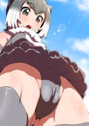 Rule 34 | 10s, 1girl, animal ears, blush, cameltoe, clearite, cloud, day, elbow gloves, covered erect nipples, eyelashes, gloves, grey eyes, grey hair, grey leotard, highleg, highleg leotard, kemono friends, leotard, looking down, monster girl, open mouth, pleated skirt, short hair, skirt, small-clawed otter (kemono friends), solo, thighhighs, thighs