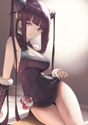 Rule 34 | 1girl, absurdres, bare shoulders, black dress, blue eyes, blunt bangs, blush, breasts, china dress, chinese clothes, cleavage, clothes lift, detached sleeves, dress, fate/grand order, fate (series), hair ornament, highres, itaco, large breasts, lifting own clothes, long hair, looking at viewer, parted lips, purple hair, short dress, sitting, skirt, skirt lift, smile, solo, thighs, twintails, very long hair, yang guifei (fate), yang guifei (second ascension) (fate)