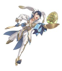 Rule 34 | 1boy, alfonse (fire emblem), animal ears, animal hat, blue eyes, blue gloves, blue hair, collarbone, easter egg, egg, fake animal ears, fire emblem, fire emblem heroes, flower, full body, gloves, hairband, hat, highres, holding, kozaki yuusuke, leg up, male focus, multicolored hair, nintendo, official alternate costume, open mouth, pectoral cleavage, pectorals, rabbit ears, solo, spoon, streaked hair, sweatdrop, transparent background