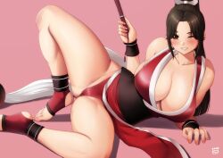 1girl ass bare_shoulders blush breasts brown_eyes brown_hair cleavage fatal_fury finalcake folding_fan hand_fan high_ponytail highres holding japanese_clothes large_breasts long_hair looking_at_viewer ninja pelvic_curtain ponytail revealing_clothes rope shiranui_mai sideboob smile snk solo the_king_of_fighters thighs