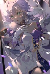 Rule 34 | 1girl, absurdres, aqua eyes, bare shoulders, detached collar, detached sleeves, dress, earrings, floating hair, gloves, hair between eyes, halo, hand on own chest, hand up, head wings, highres, honkai: star rail, honkai (series), jewelry, long hair, looking to the side, microphone stand, parted lips, purple dress, purple hair, robin (honkai: star rail), short sleeves, solo, teeth, two-tone dress, white dress, white gloves, white wings, wings, zhito