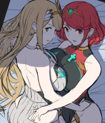Rule 34 | 2girls, bed, blonde hair, breast press, breasts, brown eyes, earrings, hug, jewelry, large breasts, leotard, long hair, looking at viewer, looking back, multiple girls, mythra (radiant beach) (xenoblade), mythra (xenoblade), pyra (pro swimmer) (xenoblade), pyra (xenoblade), red eyes, red hair, symmetrical docking, t ippers, tiara, xenoblade chronicles (series), xenoblade chronicles 2