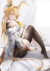 Rule 34 | 1girl, :p, absurdres, animal ears, arknights, bare shoulders, barefoot, bed sheet, black thighhighs, blonde hair, brown shorts, closed mouth, coat, curtains, dorothy (arknights), gloves, highres, holding, holding pen, knees up, long hair, long sleeves, looking at viewer, lubikaya, mouse ears, mouse girl, mouse tail, on bed, open clothes, open coat, pen, pen to mouth, short shorts, shorts, single thighhigh, sitting, skindentation, solo, tail, thighhighs, tongue, tongue out, white coat, yellow eyes, yellow gloves