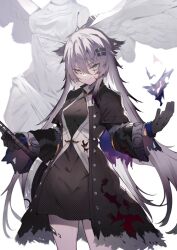 Rule 34 | 1girl, angel, angel wings, animal ears, arknights, black coat, black dress, black gloves, blue gloves, buttons, closed mouth, coat, commentary request, dress, gloves, grey eyes, grey hair, hair ornament, hairclip, holding, lappland (arknights), lappland (refined horrormare) (arknights), long hair, looking at viewer, official alternate costume, open clothes, open coat, scar, scar across eye, scar on face, short dress, solo, soukou makura, wings, wolf ears, wolf girl