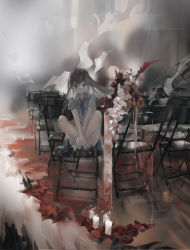 Rule 34 | 1girl, absurdres, bare legs, black footwear, blood on ground, blue necktie, brown eyes, brown hair, candle, chair, closed mouth, commentary, english commentary, folding chair, full body, highres, indoors, long hair, looking at viewer, necktie, original, shirt, short sleeves, sitting, smile, solo, white shirt, zygocactus