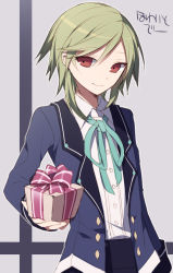 Rule 34 | 1boy, androgynous, blue jacket, blue ribbon, box, buttons, closed mouth, collared shirt, gift, gift box, green hair, grey background, hair between eyes, hijiri (resetter), holding, holding gift, jacket, long sleeves, looking at viewer, male focus, original, pink ribbon, red eyes, ribbon, shirt, short hair, simple background, smile, solo, trance (hijiri), upper body, white shirt, wing collar