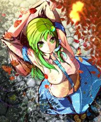 Rule 34 | 1girl, armpits, arms behind head, arms up, breasts, covered erect nipples, detached sleeves, female focus, from above, green eyes, green hair, hair ornament, highres, kochiya sanae, long hair, looking at viewer, looking up, matching hair/eyes, navel, see-through, solo, touhou, umigarasu (kitsune1963)