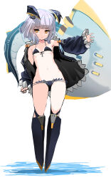 Rule 34 | 1girl, absurdres, armor, armored boots, azur lane, bikini, black bikini, black jacket, blunt bangs, boots, breasts, closed mouth, full body, grey hair, headgear, hey taisyou, highres, jacket, long sleeves, looking at viewer, open clothes, open jacket, orange eyes, short hair, simple background, siren (azur lane), explorer (azur lane), small breasts, solo, swimsuit, white background