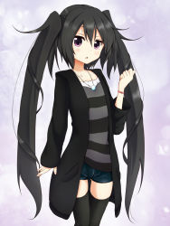Rule 34 | 1girl, amano kouki, black hair, flat chest, long hair, looking at viewer, note-chan, original, purple eyes, solo, thighhighs, twintails, very long hair