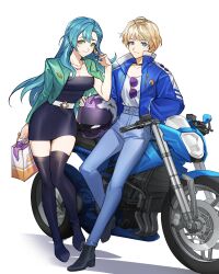 Rule 34 | 2girls, absurdres, ahoge, alternate costume, aqua hair, bag, black choker, black dress, black footwear, blonde hair, blue eyes, blue jacket, blue pants, boots, breasts, chloe (fire emblem), choker, cleavage, commentary, commission, contemporary, dress, fire emblem, gloves, green eyes, green jacket, hand up, helmet, high collar, highres, holding, holding bag, holding helmet, jacket, long hair, looking at viewer, medium breasts, merrin (fire emblem), motor vehicle, motorcycle, motorcycle helmet, multiple girls, nintendo, open clothes, open jacket, pants, pixiv commission, shirt, shoes, shopping bag, short dress, short hair, silvercandy gum, simple background, smile, standing, strapless, strapless dress, thigh boots, thighhighs, tube dress, very long hair, white background, white gloves, white shirt, zettai ryouiki