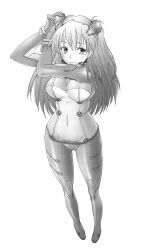Rule 34 | 1girl, bodysuit, breasts, covered navel, curvy, evangelion: 2.0 you can (not) advance, fat mons, female focus, full body, highres, long hair, medium breasts, monochrome, neon genesis evangelion, plugsuit, rebuild of evangelion, sakai hamachi, see-through, see-through bodysuit, shiny skin, simple background, solo, souryuu asuka langley, standing, strapless, test plugsuit, twintails, very long hair, white background