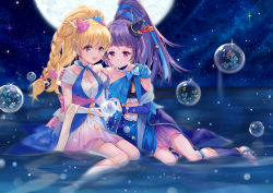 Rule 34 | 2girls, :d, asahina mirai, bad id, bad pixiv id, bare shoulders, black headwear, blonde hair, blue ribbon, blue skirt, blush, braid, breasts, bridal gauntlets, bubble, cleavage, closed mouth, collarbone, commentary request, cure magical, cure magical (sapphire style), cure miracle, cure miracle (sapphire style), dress, full moon, hair ribbon, hat, high ponytail, izayoi liko, mahou girls precure!, medium breasts, midriff, mini hat, mini witch hat, moon, multiple girls, night, night sky, open mouth, pf, pink headwear, ponytail, precure, purple eyes, purple hair, red eyes, ribbon, shallow water, sitting, skirt, sky, smile, star (sky), star (symbol), starry sky, tilted headwear, water, white dress, witch hat