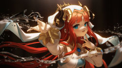 Rule 34 | 1girl, absurdres, black background, blue eyes, blue nails, curled horns, genshin impact, highres, horns, long hair, long sleeves, looking at viewer, nail polish, nilou (genshin impact), open mouth, puffy long sleeves, puffy sleeves, red hair, simple background, smile, solo, starsd, upper body, veil