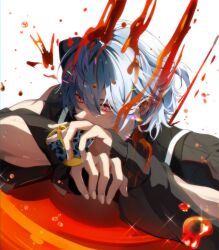 Rule 34 | 1boy, black shirt, blood, blood on clothes, blood on face, blue eyes, blue hair, commentary, covered mouth, cup, half updo, holding, holding cup, light blue hair, long sleeves, male focus, medium hair, multicolored eyes, myagarin, pink eyes, shirt, short ponytail, sitri (what in hell is bad), solo, symbol-only commentary, teacup, what in hell is bad, white background
