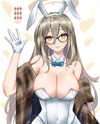 Rule 34 | 1girl, akane (blue archive), akane (bunny) (blue archive), animal ears, bare shoulders, blue archive, bow, bowtie, breasts, cleavage, collarbone, commentary, covered navel, detached collar, english commentary, eyelashes, fake animal ears, glasses, gloves, goro desu, grey hair, hair between eyes, halo, hand up, headband, heart, highleg, highleg leotard, highres, large breasts, leotard, long hair, looking at viewer, official alternate costume, parted lips, plaid, plaid scarf, platinum blonde hair, playboy bunny, scarf, signature, simple background, smile, solo, strapless, strapless leotard, two-tone background, upper body, white gloves, white headband, white headwear, white leotard, yellow eyes, ||/
