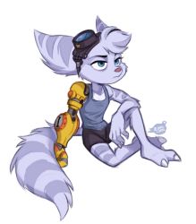 Rule 34 | 1girl, animal hands, arm on knee, barefoot, blue eyes, brown shorts, claws, furry, furry female, goggles, goggles on head, grey tank top, highres, lombax, mechanical arms, ratchet &amp; clank: rift apart, rivet (ratchet &amp; clank), shorts, single mechanical arm, sitting, tank top, tomboy