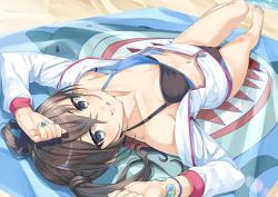 Rule 34 | 1girl, arms up, bare legs, bare shoulders, barefoot, beach, beach towel, bikini, bikini under clothes, black bikini, black hair, black nails, blue nails, collarbone, commentary request, day, grey eyes, grin, hair between eyes, idolmaster, idolmaster cinderella girls, jacket, knee up, long sleeves, looking at viewer, lying, miri (ago550421), multicolored nails, nail art, nail polish, on back, open clothes, open jacket, outdoors, sand, sharp teeth, smile, solo, sunazuka akira, swimsuit, teeth, toenail polish, toenails, towel, twintails, water, white jacket