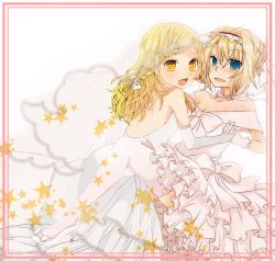 Rule 34 | 2girls, alice margatroid, backless outfit, bare shoulders, blonde hair, blue eyes, blush, braid, breasts, bridal veil, bride, cleavage, dress, elbow gloves, female focus, framed, gloves, hair ribbon, holding hands, high heels, kirisame marisa, long hair, looking at viewer, looking back, multiple girls, open mouth, pink dress, pink gloves, pink legwear, ribbon, shoes, short hair, smile, star (symbol), thighhighs, touhou, tsuno no hito, veil, wedding dress, white dress, white gloves, wife and wife, yuri, yuuta (monochrome), zettai ryouiki