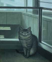 Rule 34 | animal, animal focus, black cat, cat, closed mouth, commentary request, full body, highres, indoors, karin hosono, looking at viewer, no humans, original, realistic, sitting, solo, traditional media, window