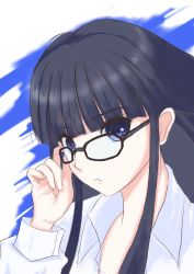 Rule 34 | 1girl, aquaplus, arm up, black hair, blue eyes, closed mouth, dboy0577, from side, glasses, highres, holding, holding glasses, long hair, long sleeves, nose, open clothes, pajamas, portrait, sidelocks, solo, touma kazusa, very long hair, white album, white album (series), white album 2