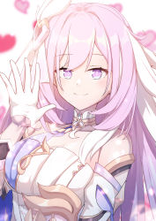 Rule 34 | 1girl, absurdres, bare shoulders, blurry, blurry background, breasts, caisena, cleavage, closed mouth, commentary request, depth of field, dress, elysia (herrscher of human: ego) (honkai impact), elysia (honkai impact), gloves, half gloves, hand up, heart, heart background, highres, honkai (series), honkai impact 3rd, long hair, looking at viewer, medium breasts, pink hair, purple eyes, smile, solo, strapless, strapless dress, upper body, very long hair, white dress, white gloves