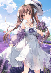 Rule 34 | 1girl, absurdres, aomi kanon, blue sky, bouquet, brown eyes, brown hair, cloud, commentary request, day, dress, field, floating hair, flower, flower field, hat, highres, jacket, karory, lavender (flower), long hair, looking at viewer, off shoulder, open mouth, original, outdoors, purple jacket, skirt hold, sky, sleeveless, sleeveless dress, solo, straw hat, sundress, twintails, violet (flower), white dress, wind