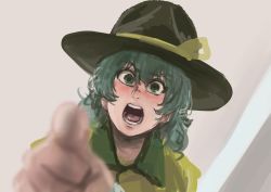 Rule 34 | 1girl, absurdres, angry, black hat, blurry, blurry foreground, blush, chanta (ayatakaoisii), depth of field, full metal jacket, green eyes, green hair, hat, highres, komeiji koishi, open mouth, pointing, pointing at viewer, sgt hartman, simple background, solo, touhou, white background
