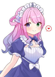 1girl alternate_costume anchor_print anchor_symbol blue_bow blue_dress blush bow breasts candy_hair_ornament cleavage closed_mouth commentary_request cosplay dress food-themed_hair_ornament gradient_hair green_eyes hair_ornament heart heterochromia highres himemori_luna hololive long_hair looking_at_viewer maid maid_headdress minato_aqua minato_aqua_(1st_costume) minato_aqua_(cosplay) mochiko_(yawamochi851) multicolored_hair pink_hair purple_eyes short_sleeves simple_background single_hair_ring smile spoken_heart two-tone_hair upper_body virtual_youtuber white_background white_bow