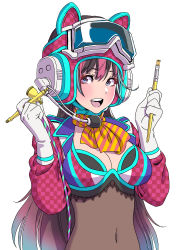 Rule 34 | 1girl, absurdres, animal ears, breasts, brown hair, checkered clothes, cleavage, commentary request, covered navel, fake animal ears, gloves, goggles, goggles on head, gradient hair, hands up, headset, helmet, highres, holding, loincloth, long hair, long sleeves, looking at viewer, medium breasts, multicolored hair, neckerchief, open mouth, original, paintbrush, purple eyes, purple hair, simple background, smile, solo, teeth, upper body, white background, white gloves, yamashita shun&#039;ya