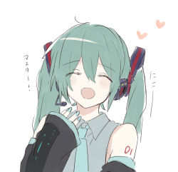 Rule 34 | 1girl, ^ ^, aqua hair, aqua nails, aqua necktie, armpit crease, armpit peek, bare shoulders, black sleeves, closed eyes, detached sleeves, facing viewer, fingernails, hair between eyes, hand up, happy, hatsune miku, headset, heart, highres, long hair, long sleeves, microphone, nail polish, necktie, number tattoo, open mouth, shoulder tattoo, simple background, sleeveless, sleeves past wrists, smile, solo, straight-on, tattoo, tenhana39, twintails, upper body, vocaloid, white background, wide sleeves, wing collar