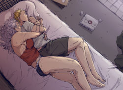 Rule 34 | 1boy, 1girl, ass, bed, blonde hair, breast press, breasts, commentary request, cuddling, dorohedoro, closed eyes, hetero, highres, hug, hug from behind, indoors, long hair, lying, noi (dorohedoro), on bed, on side, sanso 74, shin (dorohedoro), shirt, short hair, shorts, silver hair, sleeping, spooning
