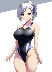 Rule 34 | 1girl, bare shoulders, black one-piece swimsuit, breasts, brown eyes, closed mouth, commentary request, competition swimsuit, covered navel, cowboy shot, gluteal fold, grey hair, highleg, highleg swimsuit, highres, large breasts, looking at viewer, one-piece swimsuit, original, pataneet, ponytail, short hair, simple background, solo, swimsuit, thigh gap, white background
