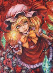 Rule 34 | 1girl, artist name, bad id, bad pixiv id, blonde hair, blood, blood splatter, bow, bowtie, crystal, flandre scarlet, hat, hat ribbon, johnalay, laevatein, looking up, mob cap, oil painting (medium), open mouth, painting (medium), red background, red eyes, red ribbon, red skirt, ribbon, short hair, short sleeves, side ponytail, skirt, skirt set, skull, smile, solo, touhou, traditional media, weapon, wings, wrist cuffs, yellow bow